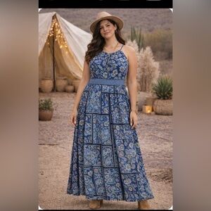 London Times Blue and White Paisley Maxi Dress